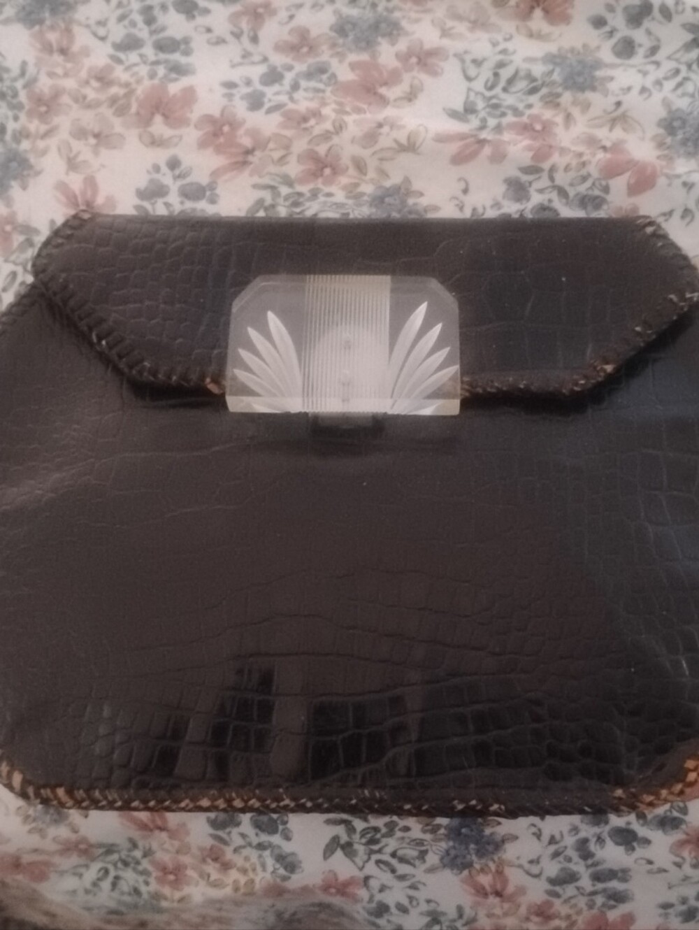 Black Alligator 1920's Clutch with Clear Decorative Clasp 9 3/4 X 7